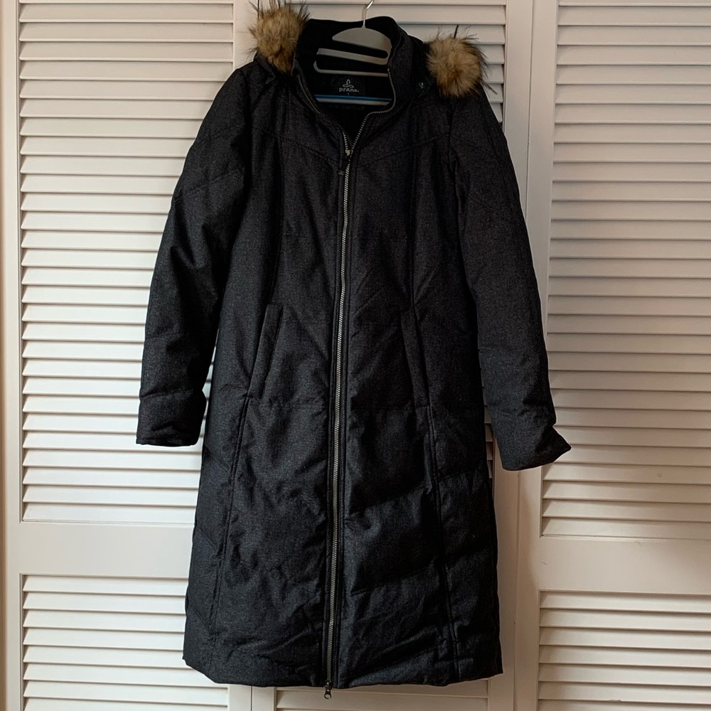 Stunning New Without Tag -  Prana long down coat. Charcoal. Warm and stylish!